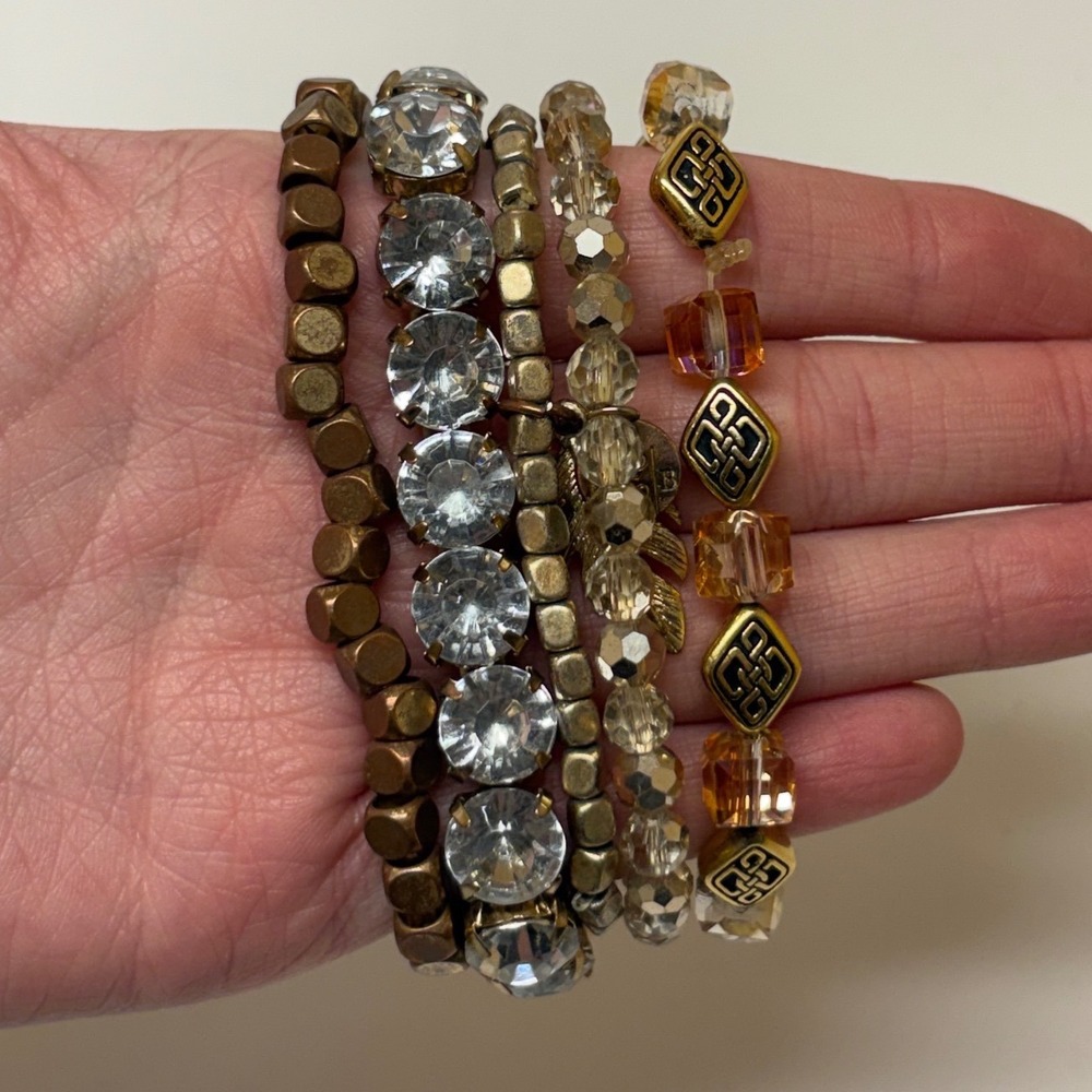 Bronze Gold Beaded Stretch Bracelet Set 5pc Rhinestone Feather Charm